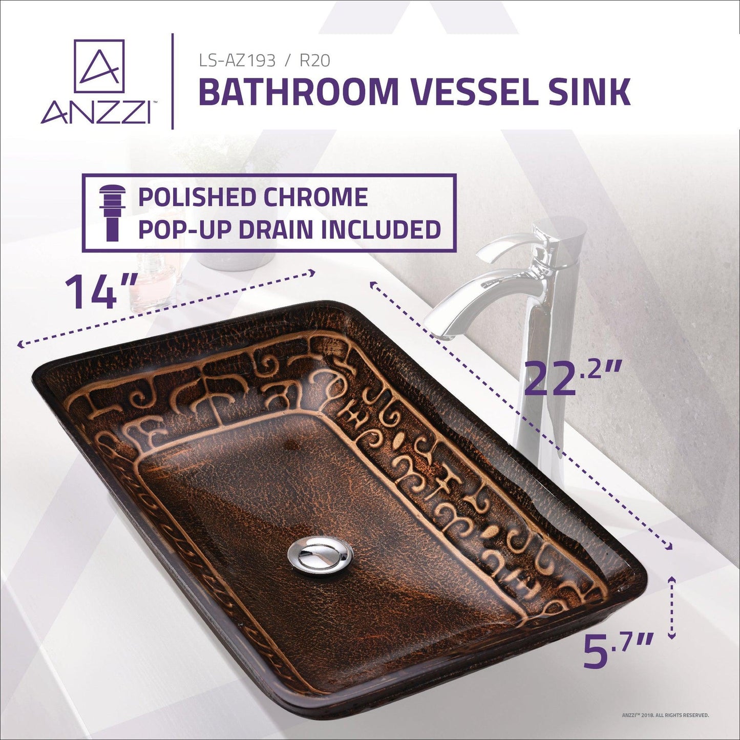 ANZZI Alto Series 23" x 14" Rectangular Macedonian Bronze Deco-Glass Vessel Sink With Polished Chrome Pop-Up Drain