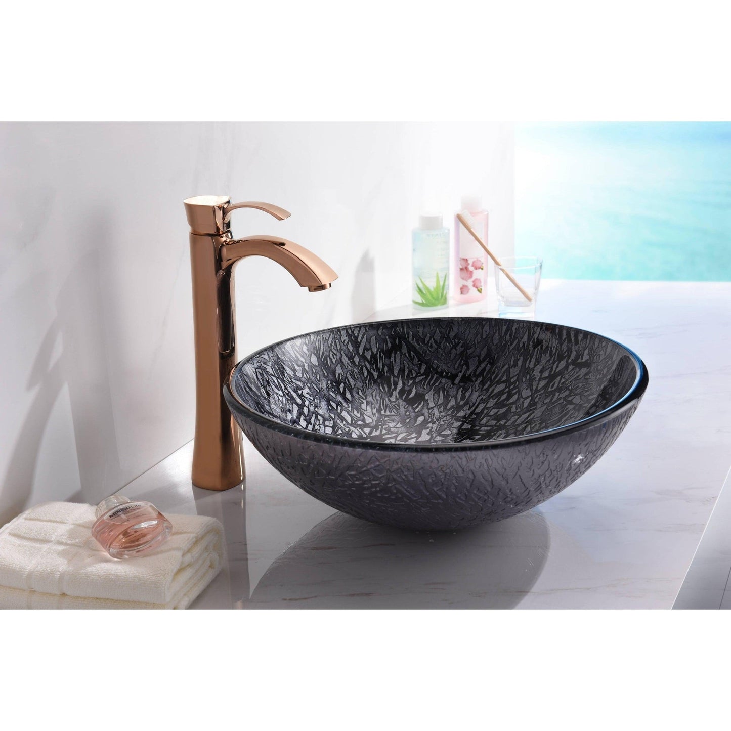 ANZZI Arc Series 17" x 17" Round Arctic Sheer Deco-Glass Vessel Sink With Polished Chrome Pop-Up Drain