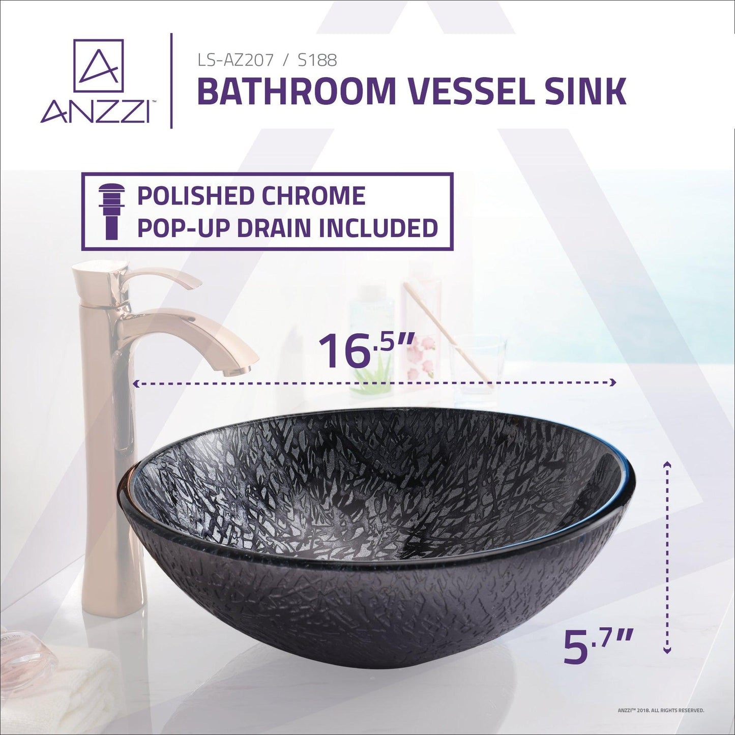 ANZZI Arc Series 17" x 17" Round Arctic Sheer Deco-Glass Vessel Sink With Polished Chrome Pop-Up Drain