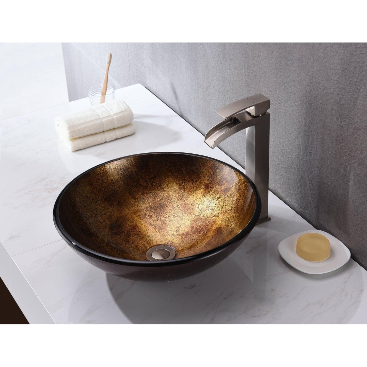 ANZZI Arc Series 17" x 17" Round Autumn Dusk Deco-Glass Vessel Sink With Polished Chrome Pop-Up Drain