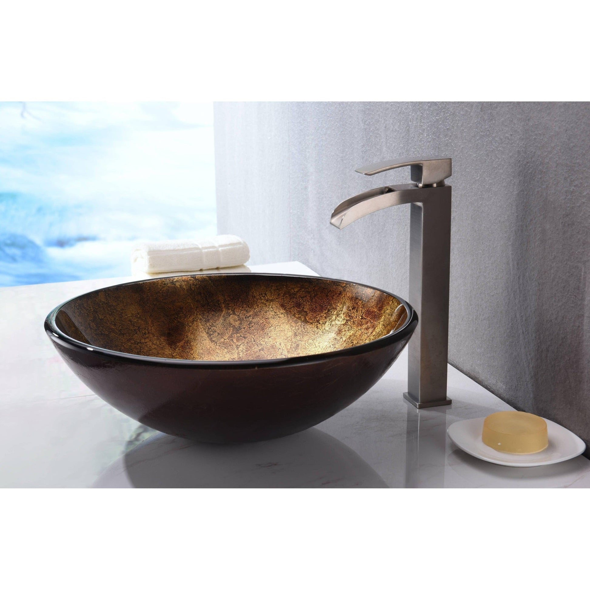 ANZZI Arc Series 17" x 17" Round Autumn Dusk Deco-Glass Vessel Sink With Polished Chrome Pop-Up Drain