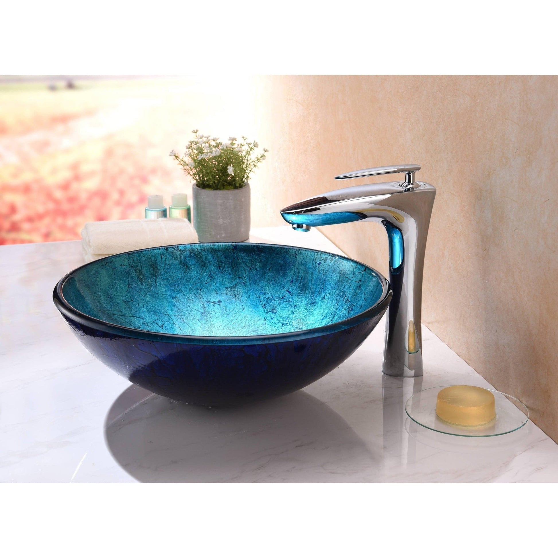 ANZZI Arc Series 17" x 17" Round Frosted Blue Deco-Glass Vessel Sink With Polished Chrome Pop-Up Drain