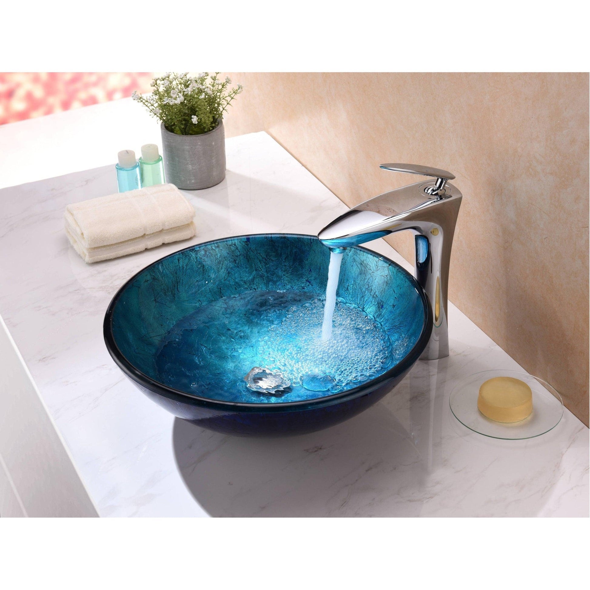 ANZZI Arc Series 17" x 17" Round Frosted Blue Deco-Glass Vessel Sink With Polished Chrome Pop-Up Drain