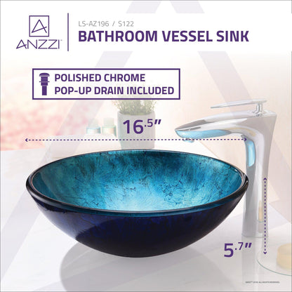 ANZZI Arc Series 17" x 17" Round Frosted Blue Deco-Glass Vessel Sink With Polished Chrome Pop-Up Drain