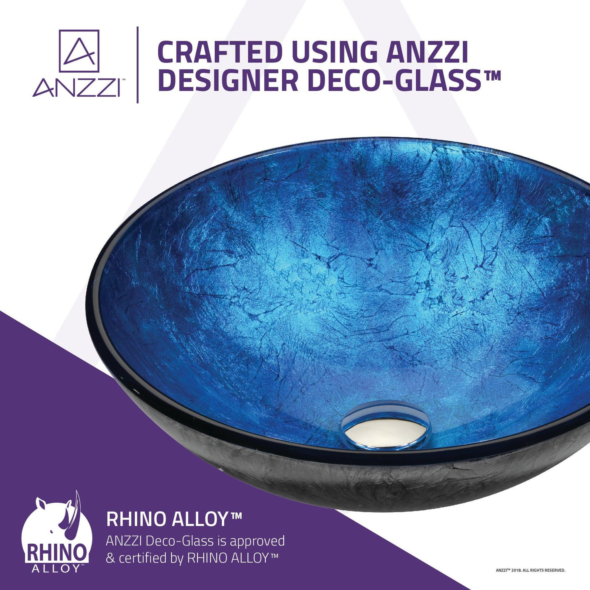 ANZZI Arc Series 17" x 17" Round Frosted Blue Deco-Glass Vessel Sink With Polished Chrome Pop-Up Drain