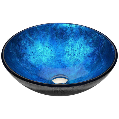 ANZZI Arc Series 17" x 17" Round Frosted Blue Deco-Glass Vessel Sink With Polished Chrome Pop-Up Drain