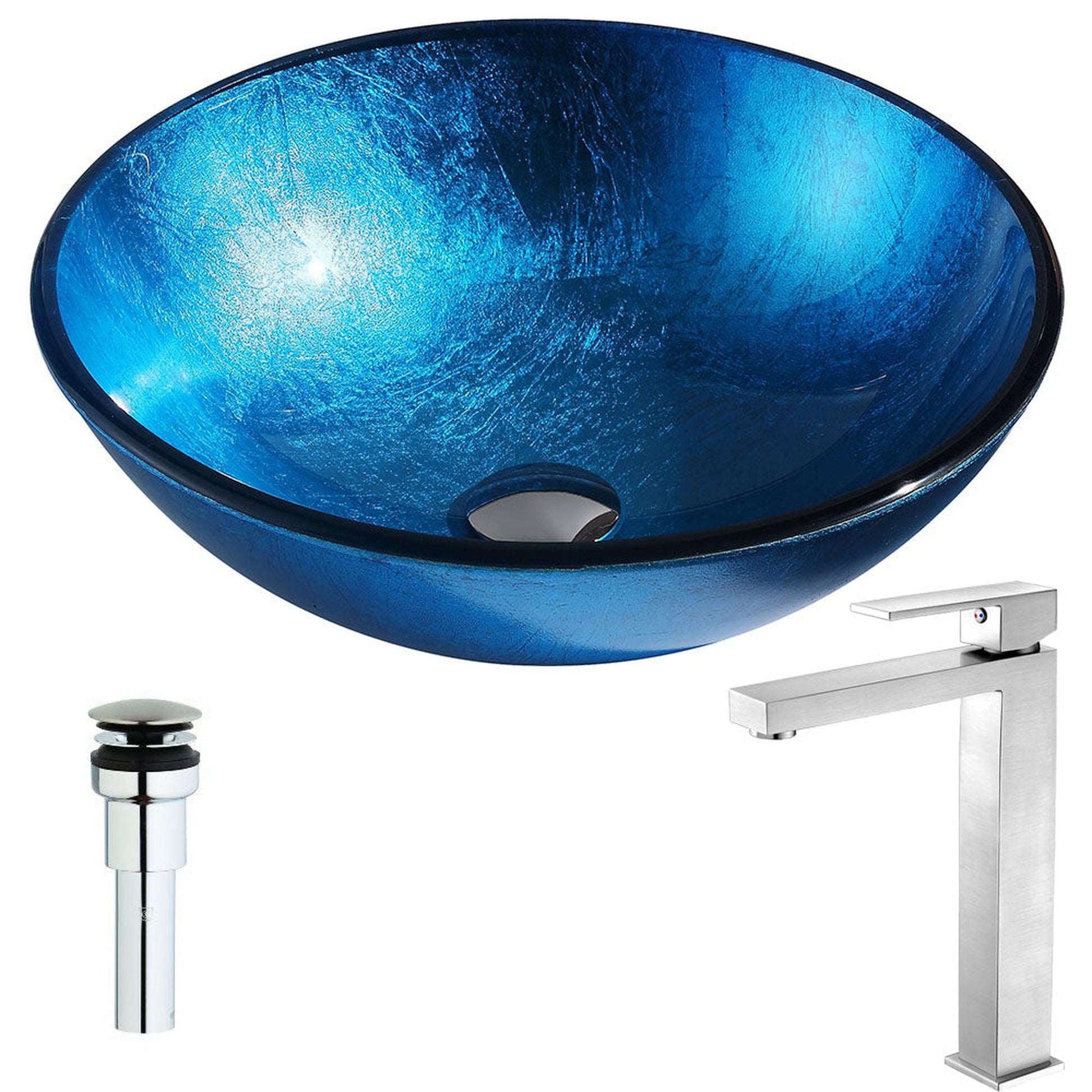 ANZZI Arc Series 17" x 17" Round Lustrous Light Blue Deco-Glass Vessel Sink With Chrome Pop-Up Drain and Brushed Nickel Enti Faucet
