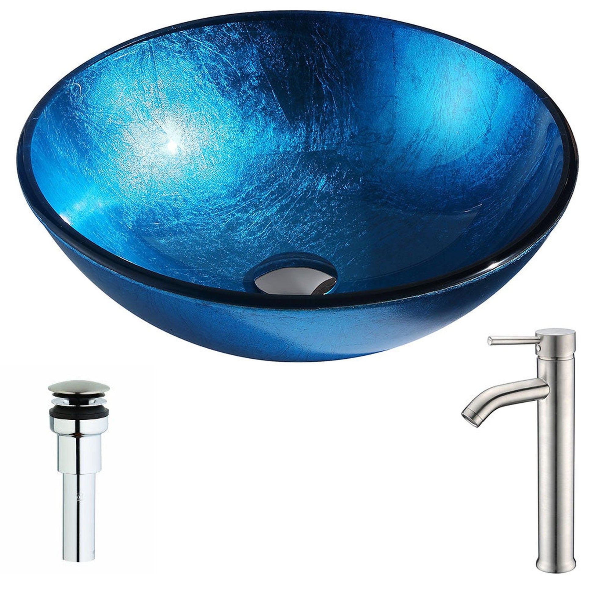 ANZZI Arc Series 17" x 17" Round Lustrous Light Blue Deco-Glass Vessel Sink With Chrome Pop-Up Drain and Brushed Nickel Fann Faucet