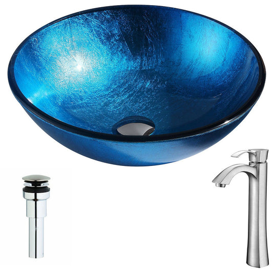 ANZZI Arc Series 17" x 17" Round Lustrous Light Blue Deco-Glass Vessel Sink With Chrome Pop-Up Drain and Brushed Nickel Harmony Faucet