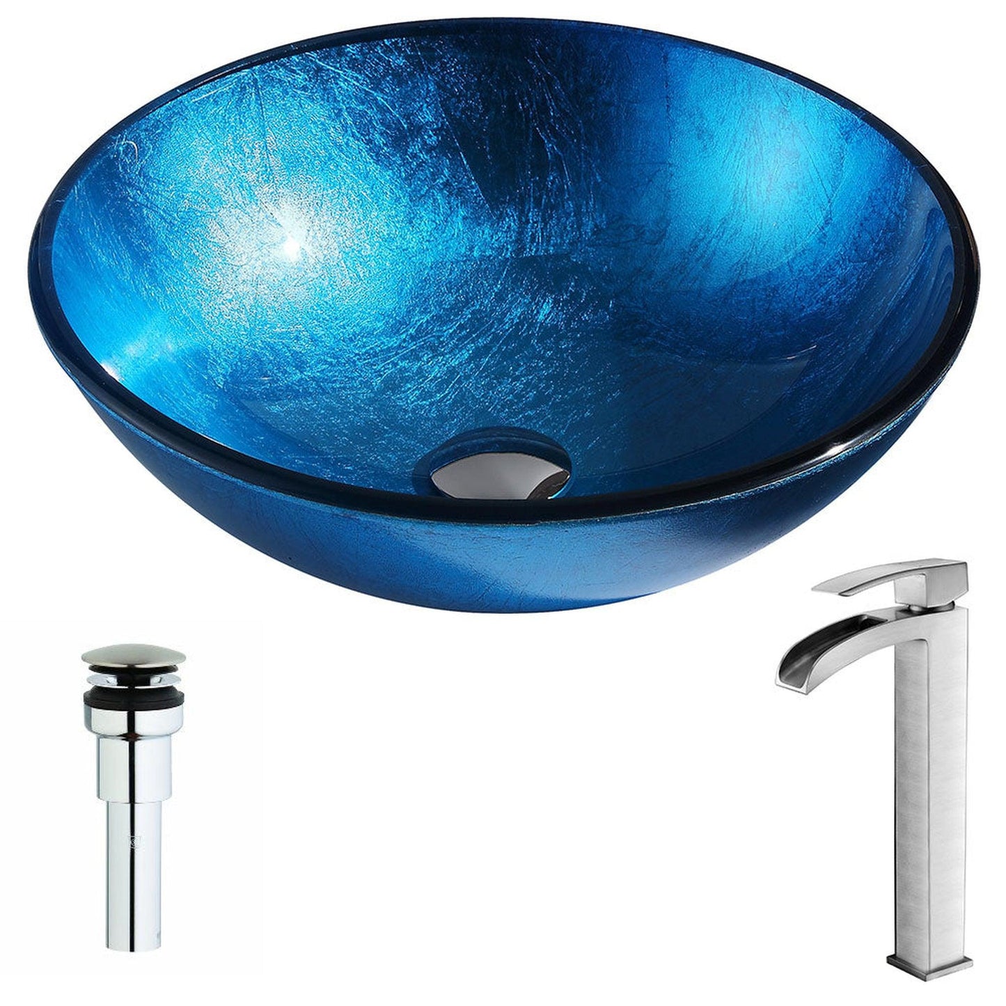 ANZZI Arc Series 17" x 17" Round Lustrous Light Blue Deco-Glass Vessel Sink With Chrome Pop-Up Drain and Brushed Nickel Key Faucet