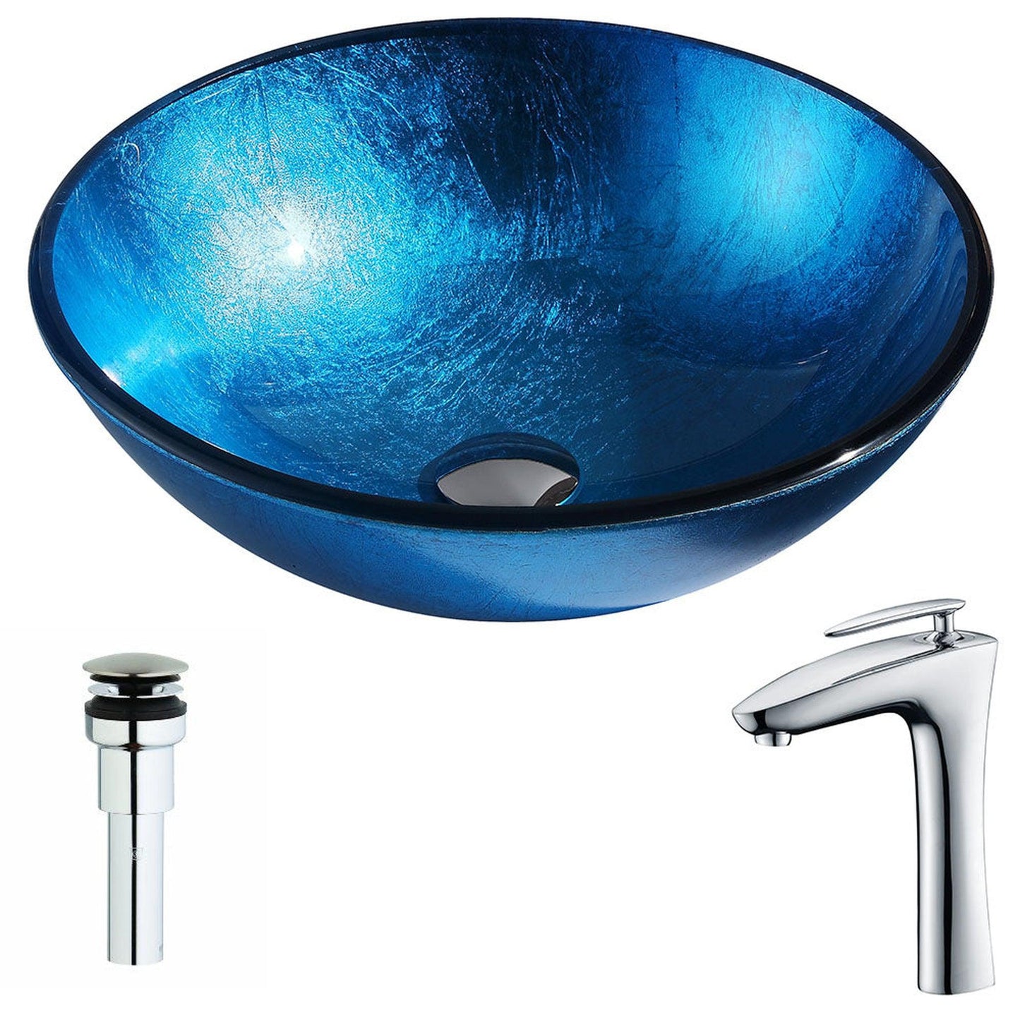 ANZZI Arc Series 17" x 17" Round Lustrous Light Blue Deco-Glass Vessel Sink With Chrome Pop-Up Drain and Crown Faucet