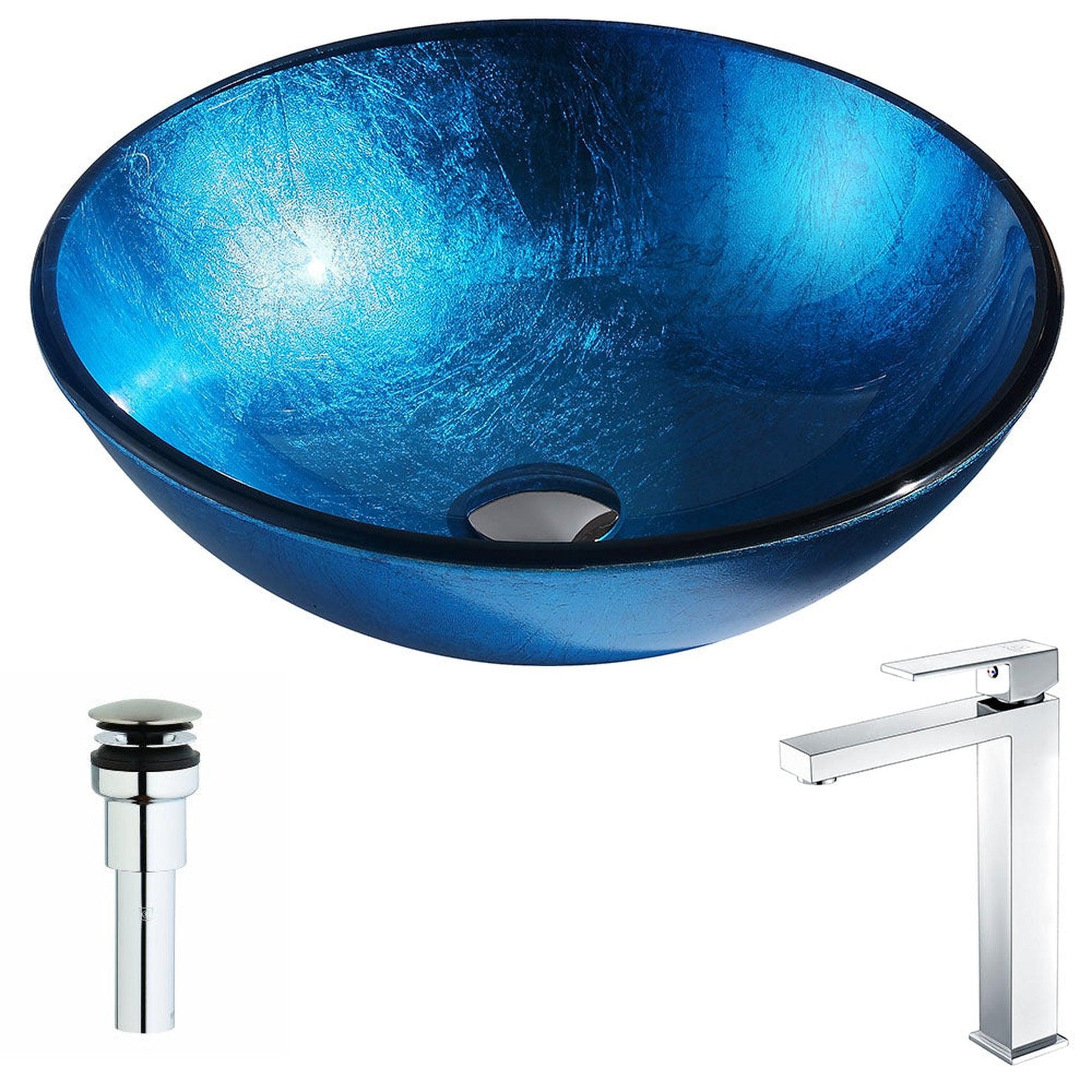 ANZZI Arc Series 17" x 17" Round Lustrous Light Blue Deco-Glass Vessel Sink With Chrome Pop-Up Drain and Enti Faucet