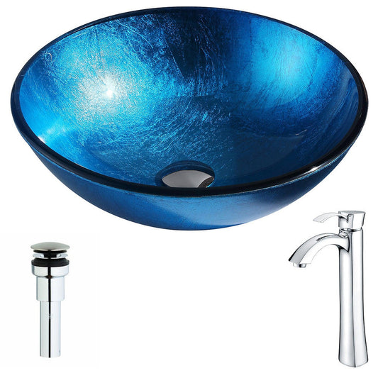 ANZZI Arc Series 17" x 17" Round Lustrous Light Blue Deco-Glass Vessel Sink With Chrome Pop-Up Drain and Harmony Faucet