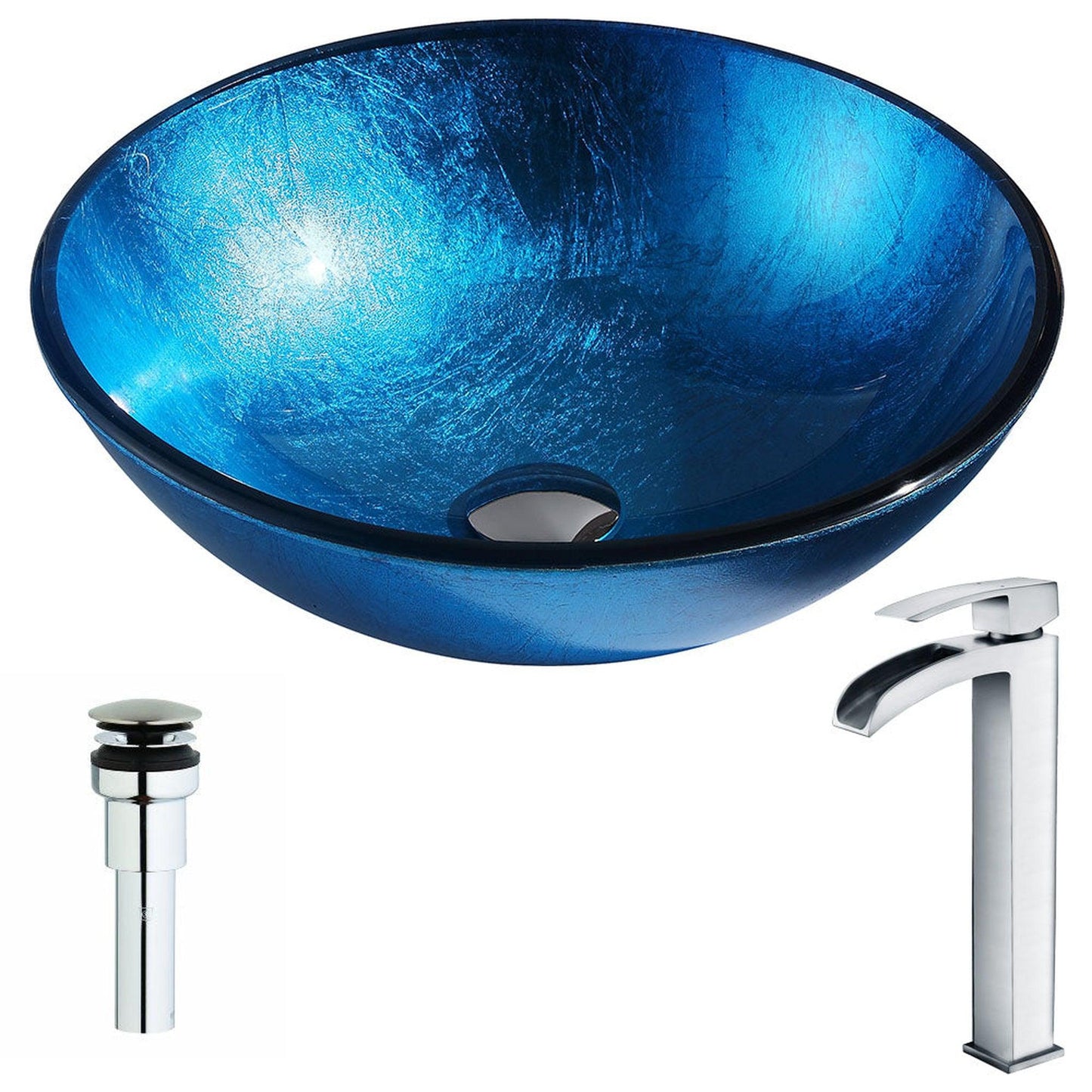 ANZZI Arc Series 17" x 17" Round Lustrous Light Blue Deco-Glass Vessel Sink With Chrome Pop-Up Drain and Key Faucet