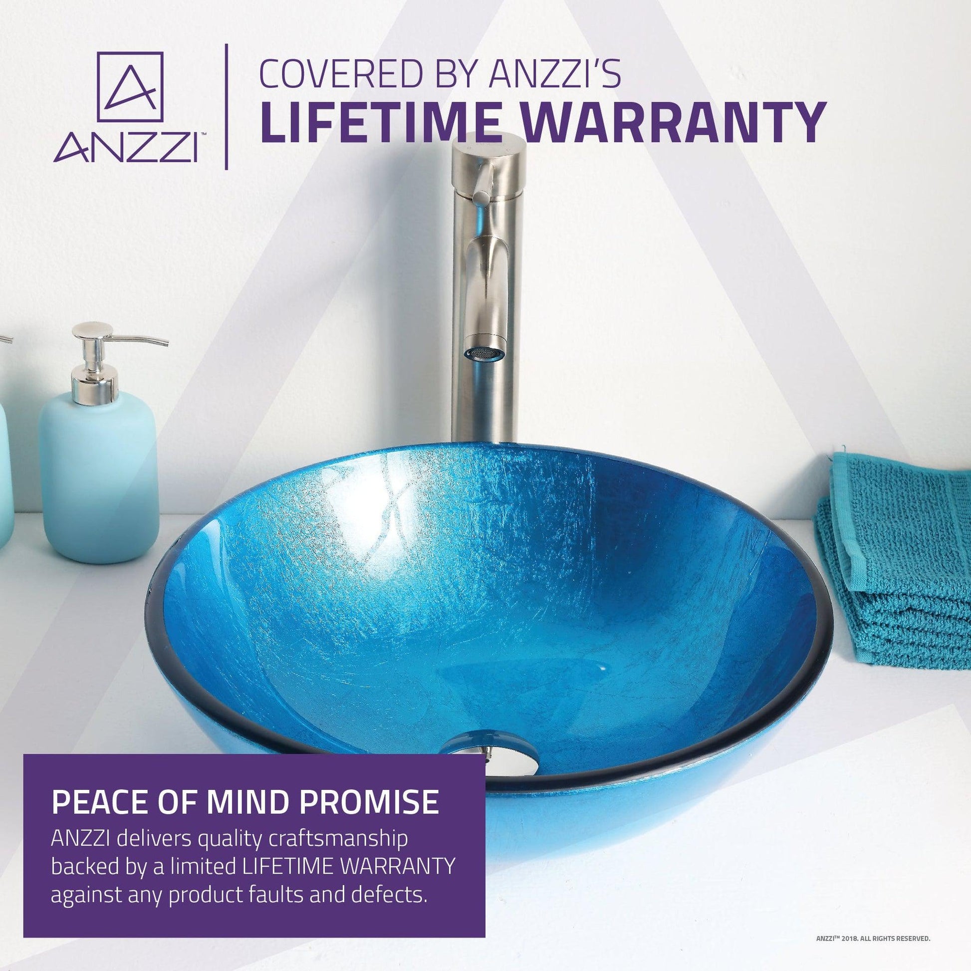 ANZZI Arc Series 17" x 17" Round Lustrous Light Blue Deco-Glass Vessel Sink With Polished Chrome Pop-Up Drain