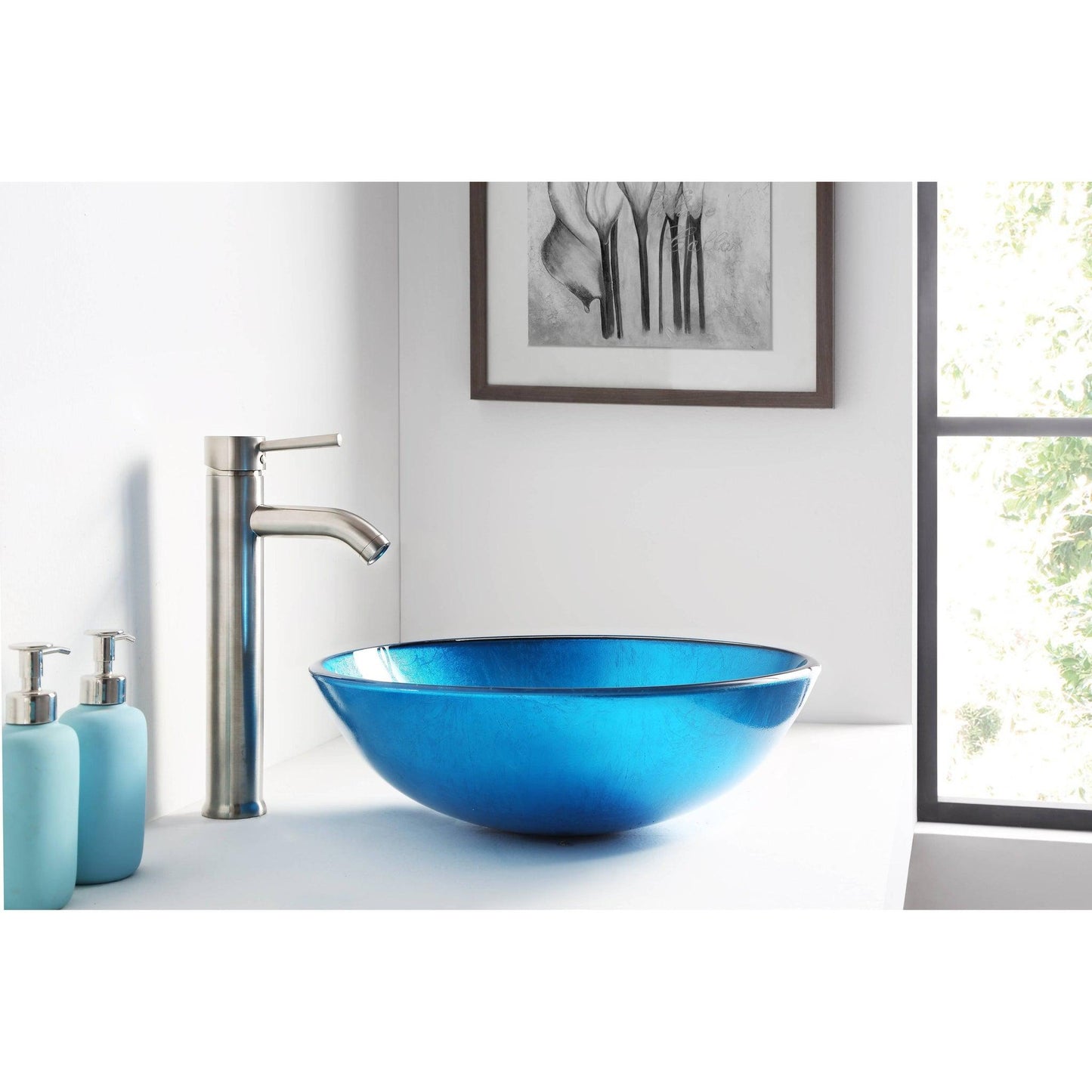 ANZZI Arc Series 17" x 17" Round Lustrous Light Blue Deco-Glass Vessel Sink With Polished Chrome Pop-Up Drain