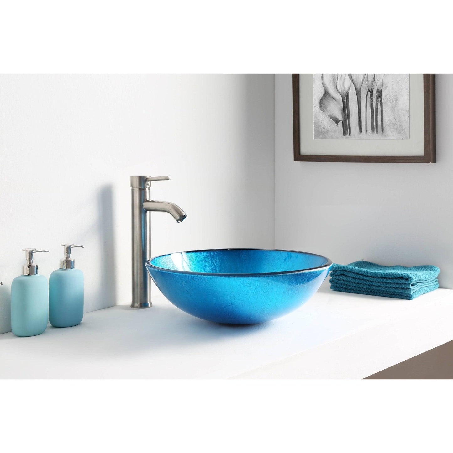 ANZZI Arc Series 17" x 17" Round Lustrous Light Blue Deco-Glass Vessel Sink With Polished Chrome Pop-Up Drain