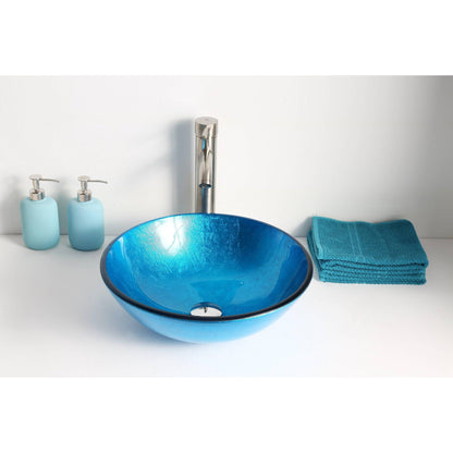 ANZZI Arc Series 17" x 17" Round Lustrous Light Blue Deco-Glass Vessel Sink With Polished Chrome Pop-Up Drain