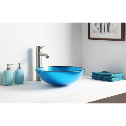 ANZZI Arc Series 17" x 17" Round Lustrous Light Blue Deco-Glass Vessel Sink With Polished Chrome Pop-Up Drain