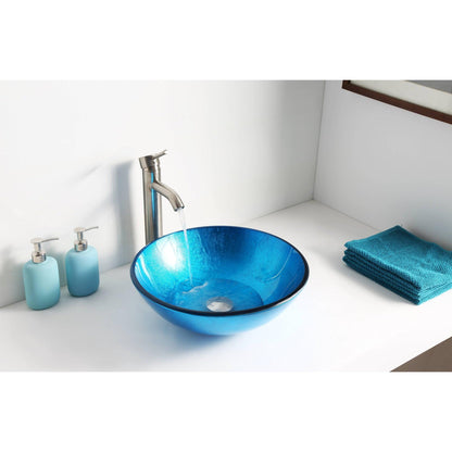 ANZZI Arc Series 17" x 17" Round Lustrous Light Blue Deco-Glass Vessel Sink With Polished Chrome Pop-Up Drain