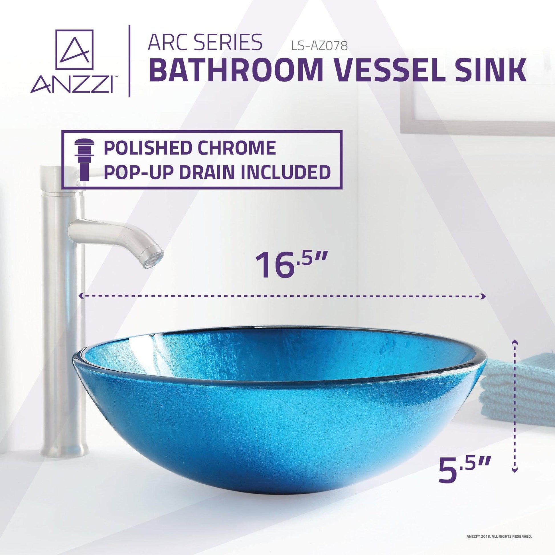 ANZZI Arc Series 17" x 17" Round Lustrous Light Blue Deco-Glass Vessel Sink With Polished Chrome Pop-Up Drain