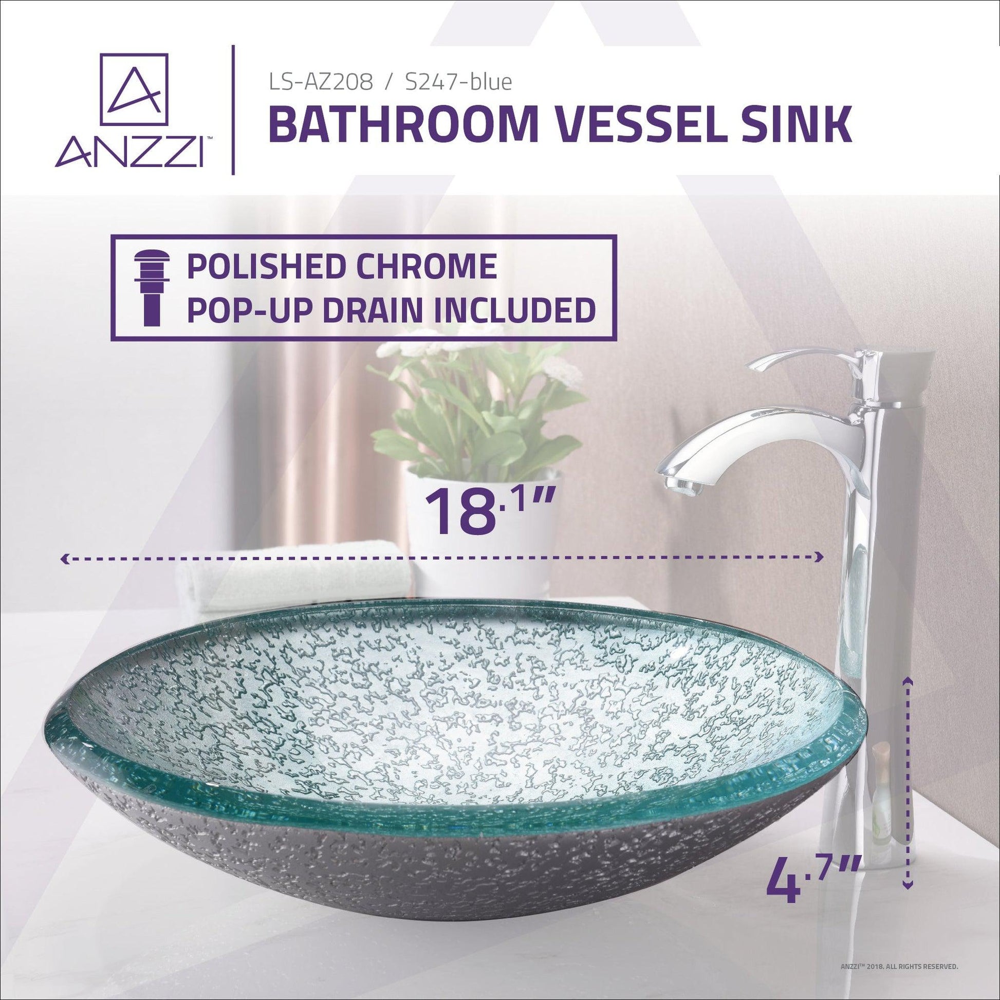 ANZZI Arc Series 18" x 18" Round Clear Glass Vessel Sink With Polished Chrome Pop-Up Drain
