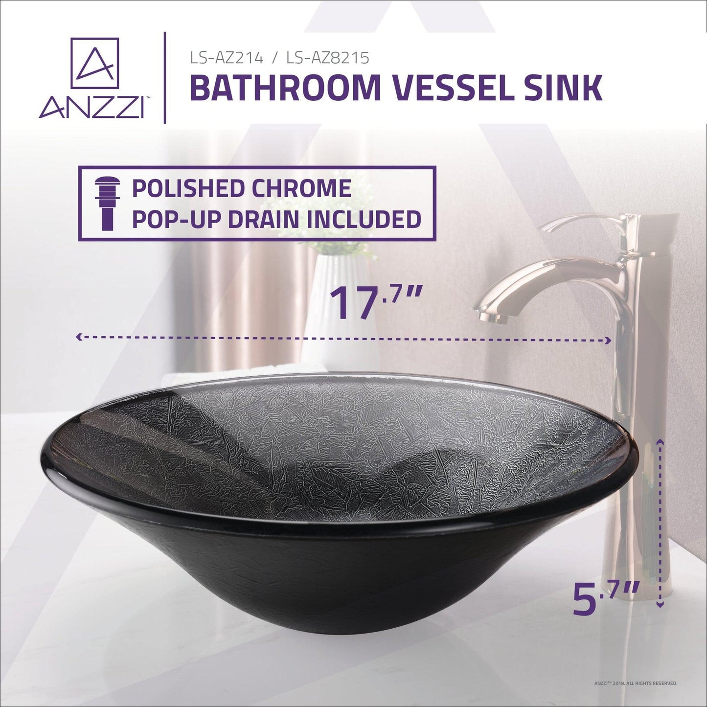 ANZZI Arc Series 18" x 18" Round Gray Sheer Vessel Sink With Polished Chrome Pop-Up Drain