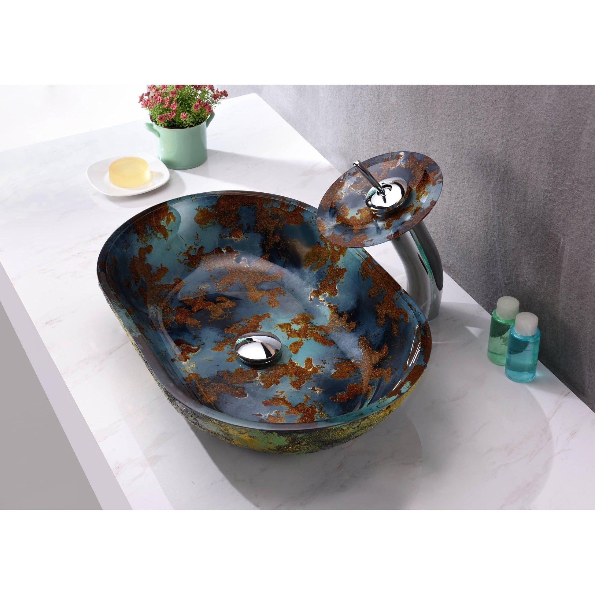 ANZZI Avao Series 22" x 14" Oval Shape Panye Blue Deco-Glass Vessel Sink With Polished Chrome Pop-Up Drain and Waterfall Faucet