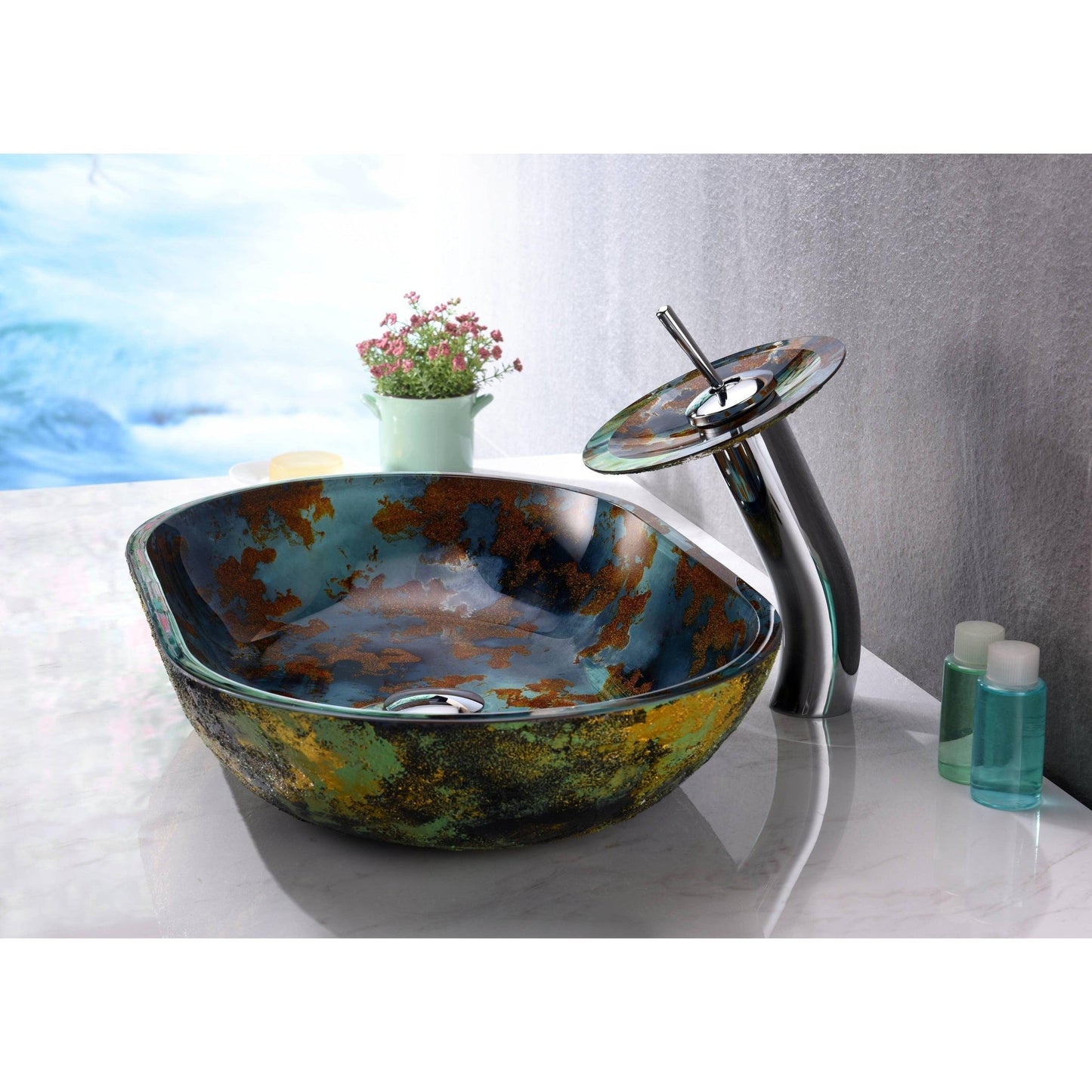 ANZZI Avao Series 22" x 14" Oval Shape Panye Blue Deco-Glass Vessel Sink With Polished Chrome Pop-Up Drain and Waterfall Faucet