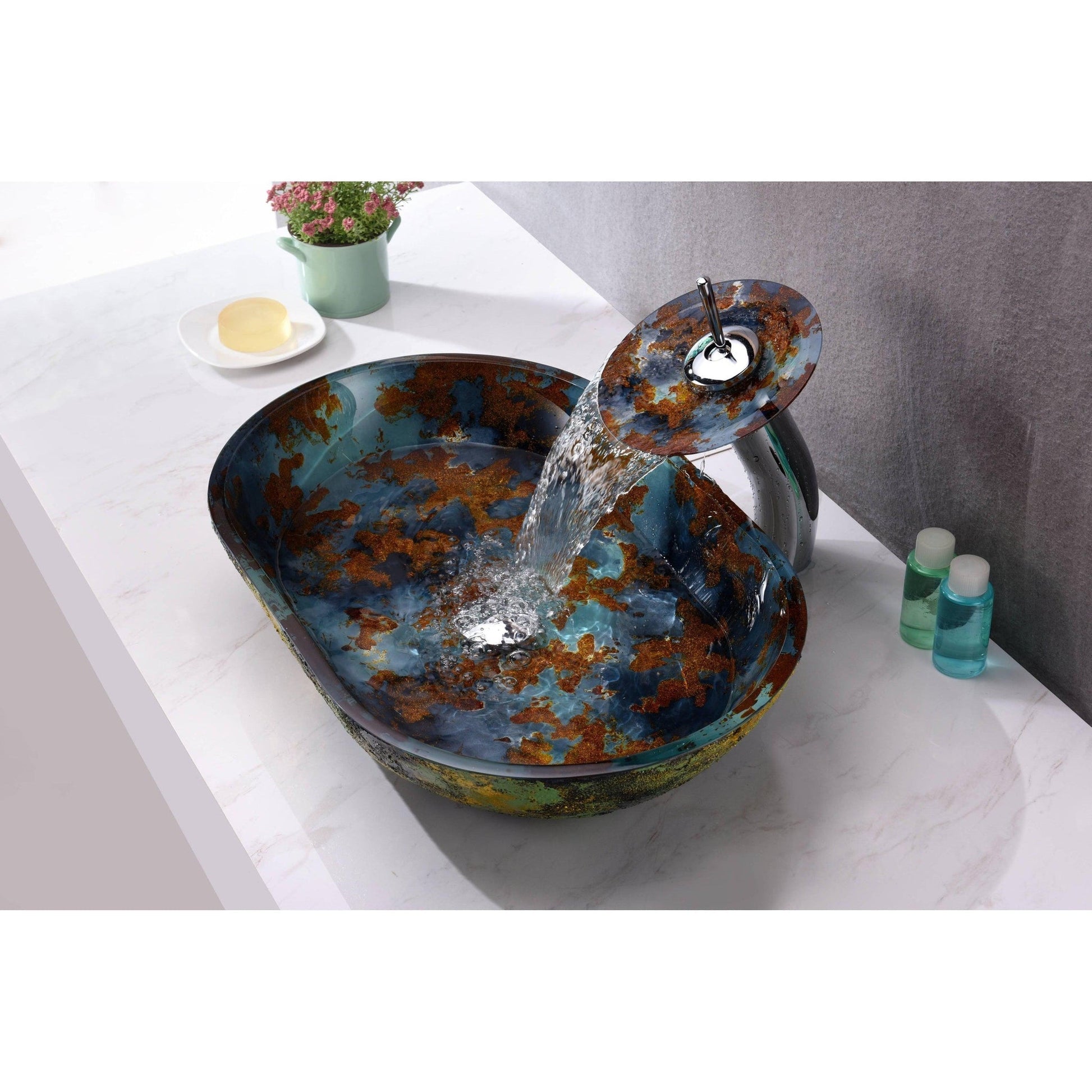 ANZZI Avao Series 22" x 14" Oval Shape Panye Blue Deco-Glass Vessel Sink With Polished Chrome Pop-Up Drain and Waterfall Faucet