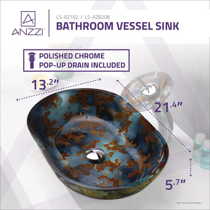 ANZZI Avao Series 22" x 14" Oval Shape Panye Blue Deco-Glass Vessel Sink With Polished Chrome Pop-Up Drain and Waterfall Faucet
