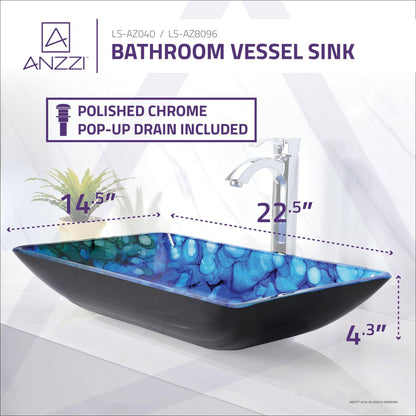 ANZZI Avao Series 23" x 15" Rectangular Lustrous Blue Deco-Glass Vessel Sink With Polished Chrome Pop-Up Drain