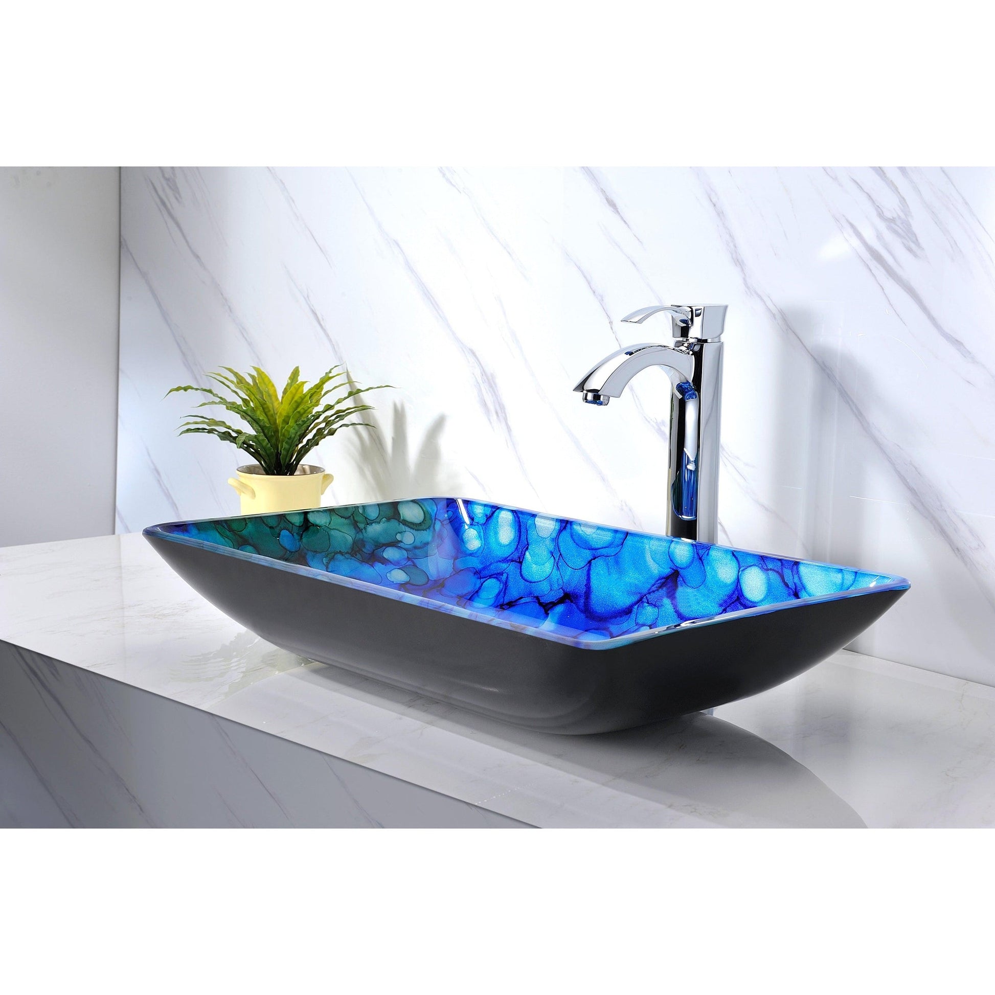 ANZZI Avao Series 23" x 15" Rectangular Lustrous Blue Deco-Glass Vessel Sink With Polished Chrome Pop-Up Drain