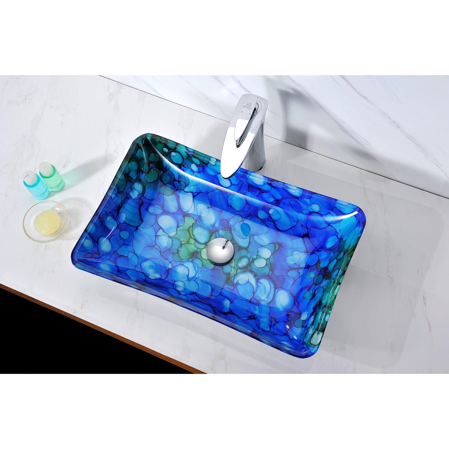 ANZZI Avao Series 23" x 15" Rectangular Lustrous Blue Deco-Glass Vessel Sink With Polished Chrome Pop-Up Drain