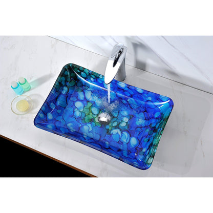 ANZZI Avao Series 23" x 15" Rectangular Lustrous Blue Deco-Glass Vessel Sink With Polished Chrome Pop-Up Drain