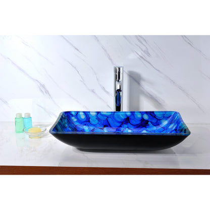 ANZZI Avao Series 23" x 15" Rectangular Lustrous Blue Deco-Glass Vessel Sink With Polished Chrome Pop-Up Drain