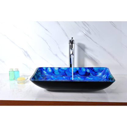 ANZZI Avao Series 23" x 15" Rectangular Lustrous Blue Deco-Glass Vessel Sink With Polished Chrome Pop-Up Drain