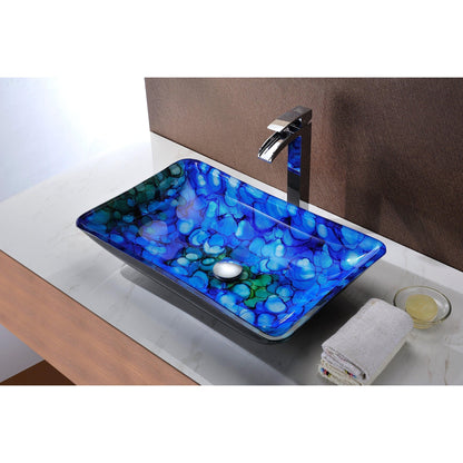 ANZZI Avao Series 23" x 15" Rectangular Lustrous Blue Deco-Glass Vessel Sink With Polished Chrome Pop-Up Drain