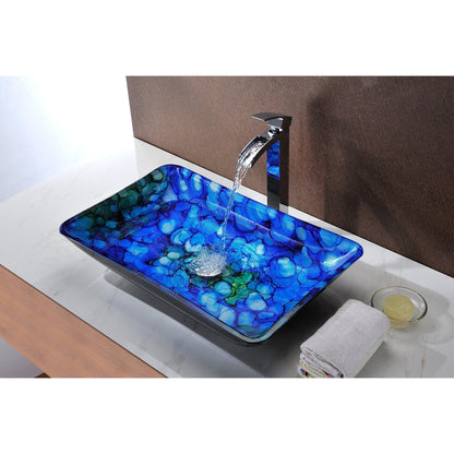 ANZZI Avao Series 23" x 15" Rectangular Lustrous Blue Deco-Glass Vessel Sink With Polished Chrome Pop-Up Drain