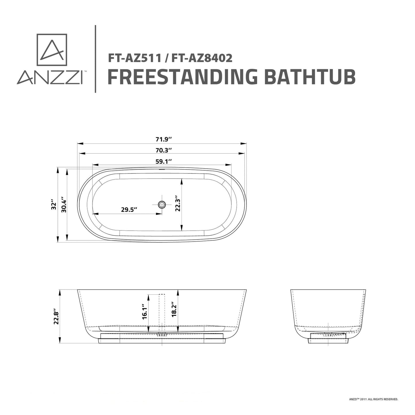 ANZZI Badi Series 71" x 32" Freestanding Matte White Bathtub With Built-In Overflow