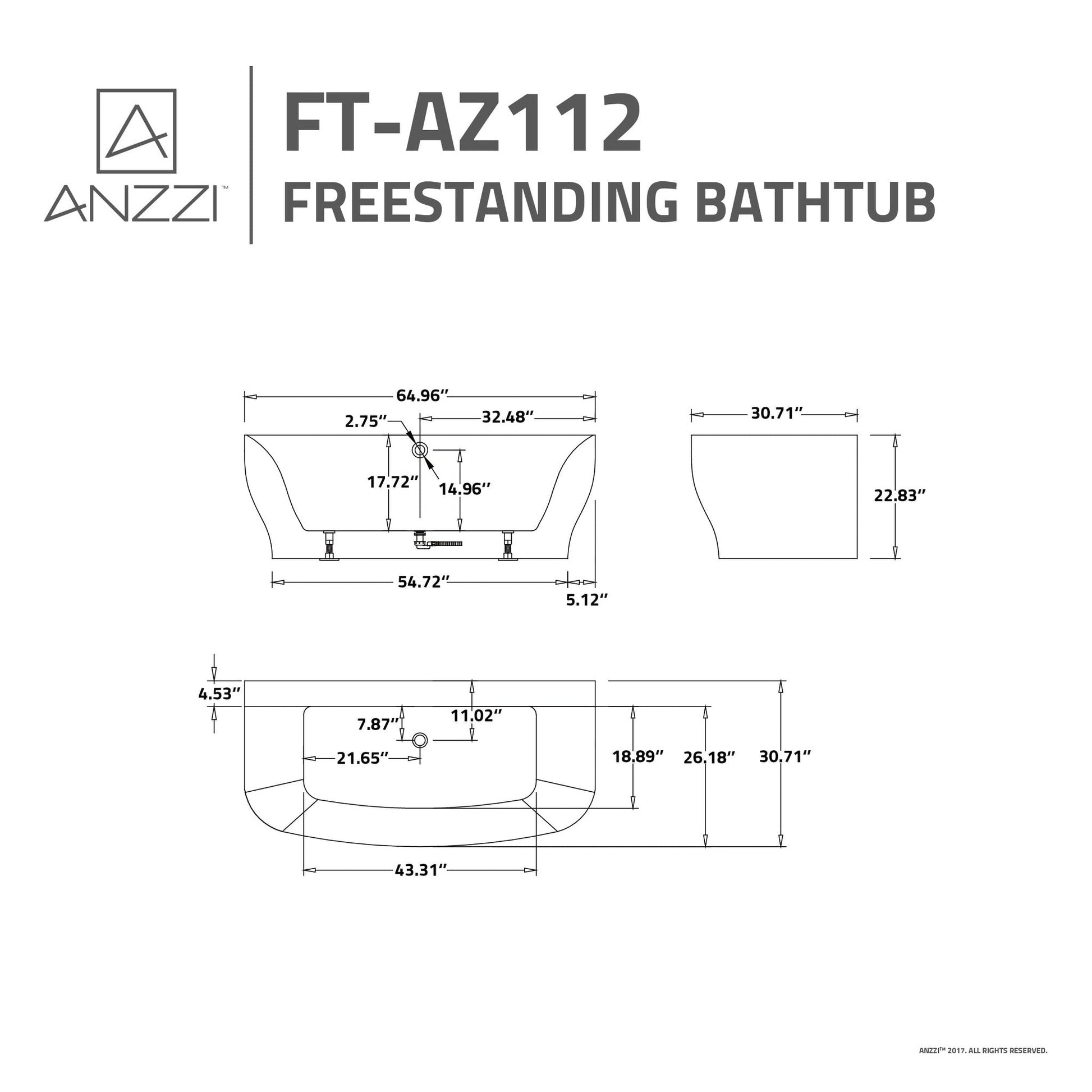 ANZZI Bank Series 65" x 31" Freestanding Glossy White Bathtub With Built-In Overflow