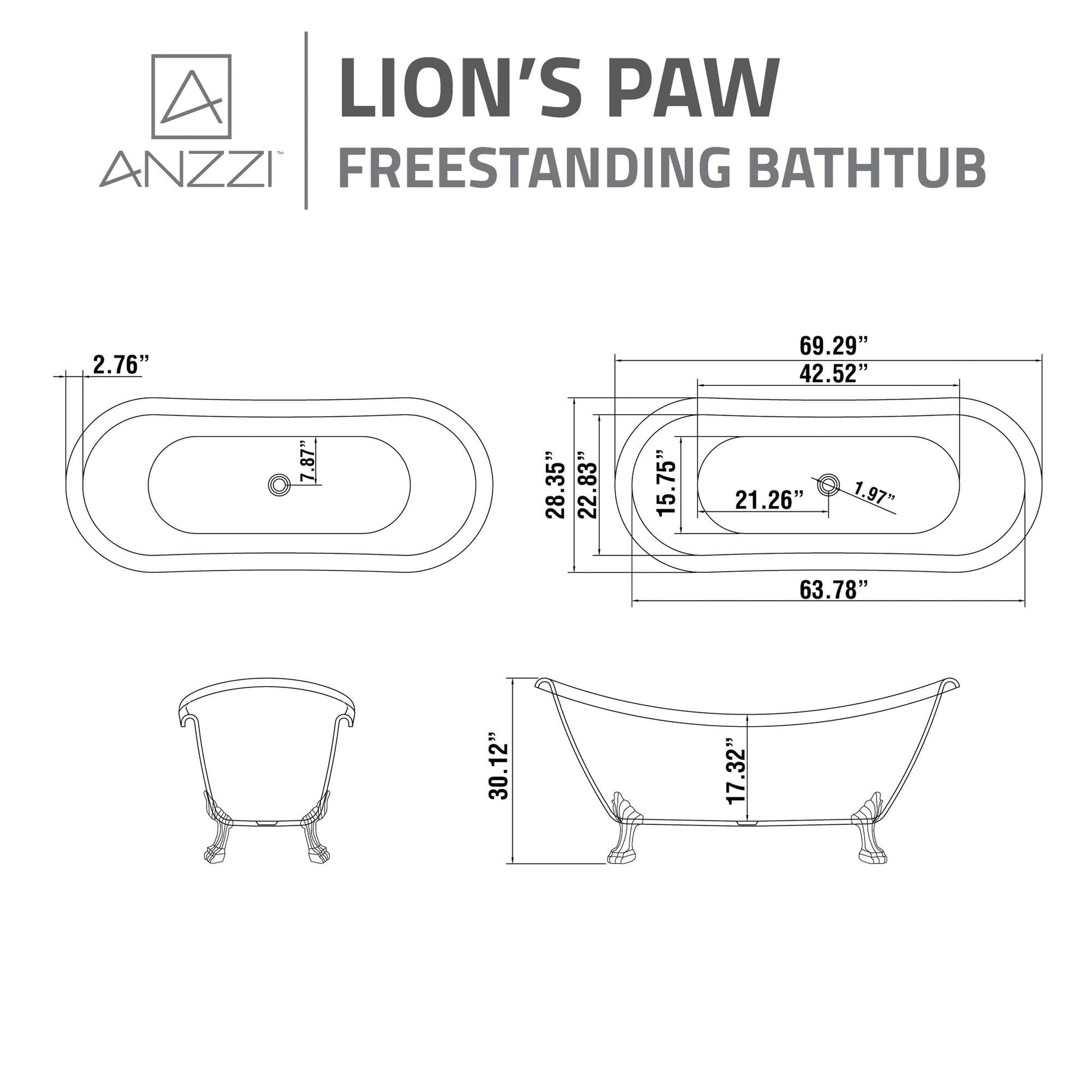 ANZZI Belissima Series 69" x 28" Freestanding Glossy White in Lion's Paw Claw Feet Style Bathtub With Built-In Overflow