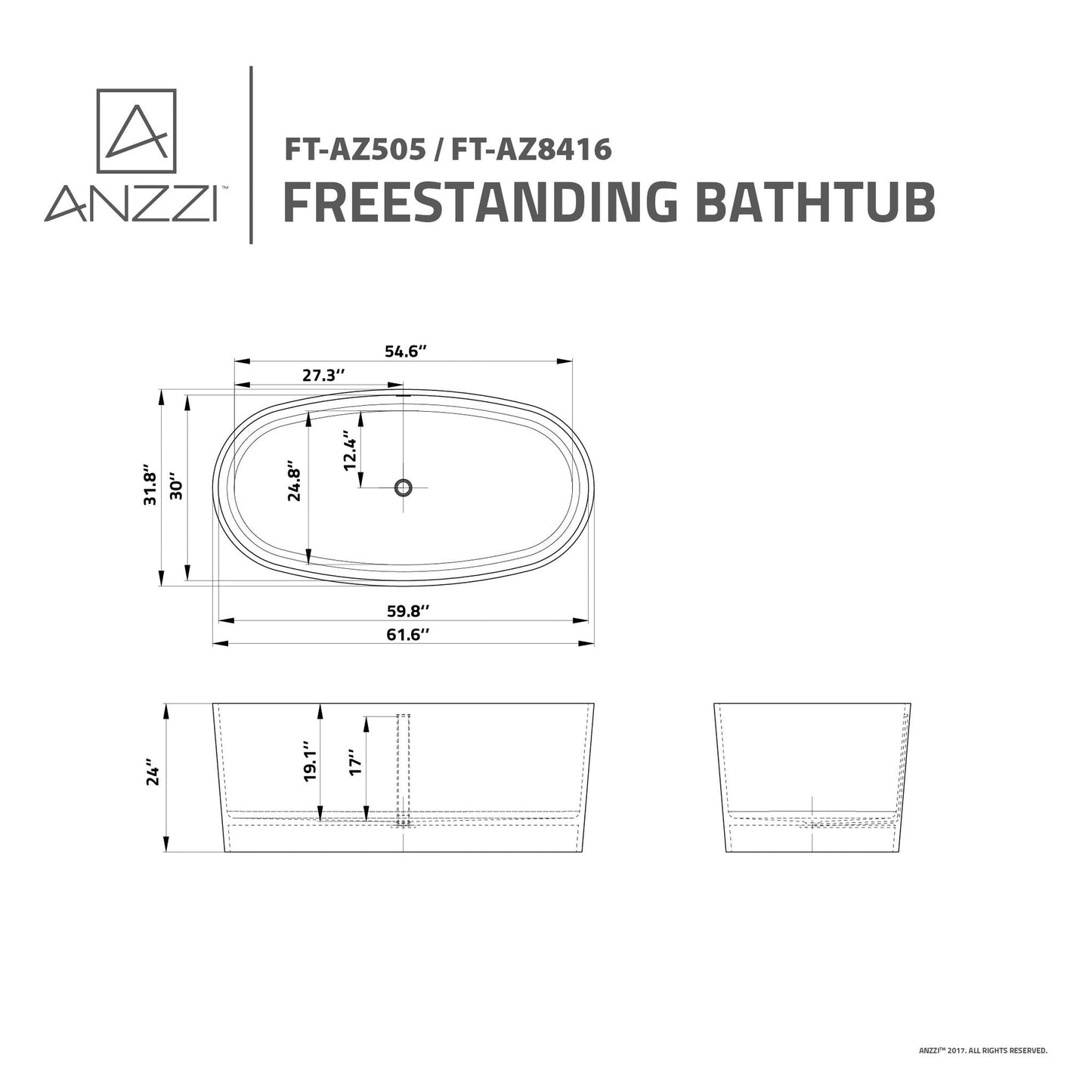 ANZZI Bellentin Series 61" x 31" Freestanding Matte White Bathtub With Built-In Overflow