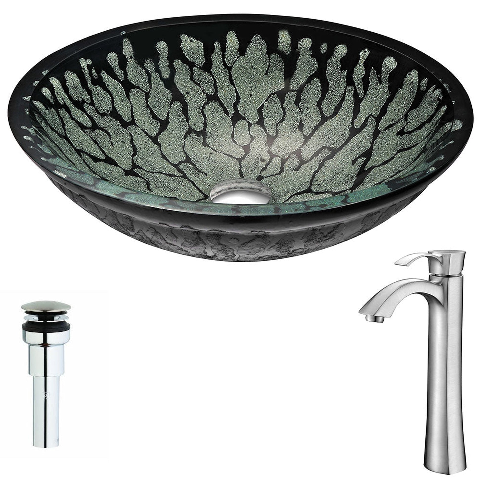 ANZZI Bravo Series 19" x 15" Oval Shape Lustrous Black Deco-Glass Vessel Sink With Chrome Pop-Up Drain and Brushed Nickel Harmony Faucet