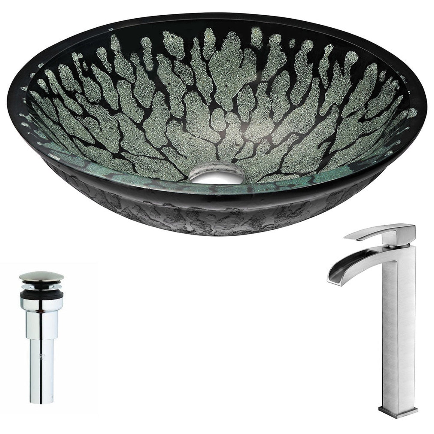 ANZZI Bravo Series 19" x 15" Oval Shape Lustrous Black Deco-Glass Vessel Sink With Chrome Pop-Up Drain and Brushed Nickel Key Faucet