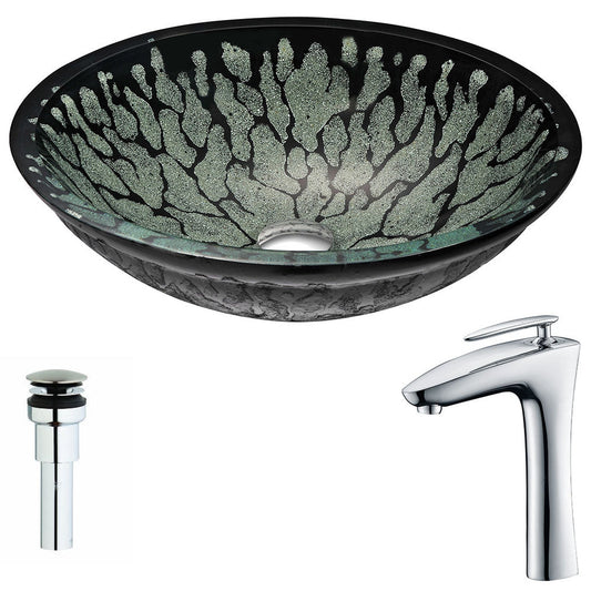 ANZZI Bravo Series 19" x 15" Oval Shape Lustrous Black Deco-Glass Vessel Sink With Polished Chrome Pop-Up Drain and Crown Faucet