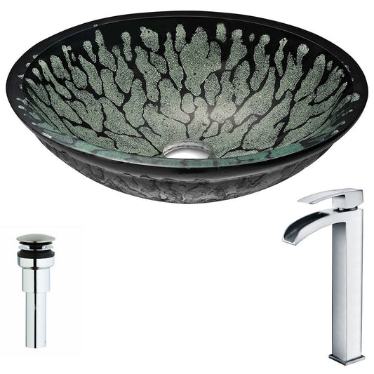 ANZZI Bravo Series 19" x 15" Oval Shape Lustrous Black Deco-Glass Vessel Sink With Polished Chrome Pop-Up Drain and Key Faucet