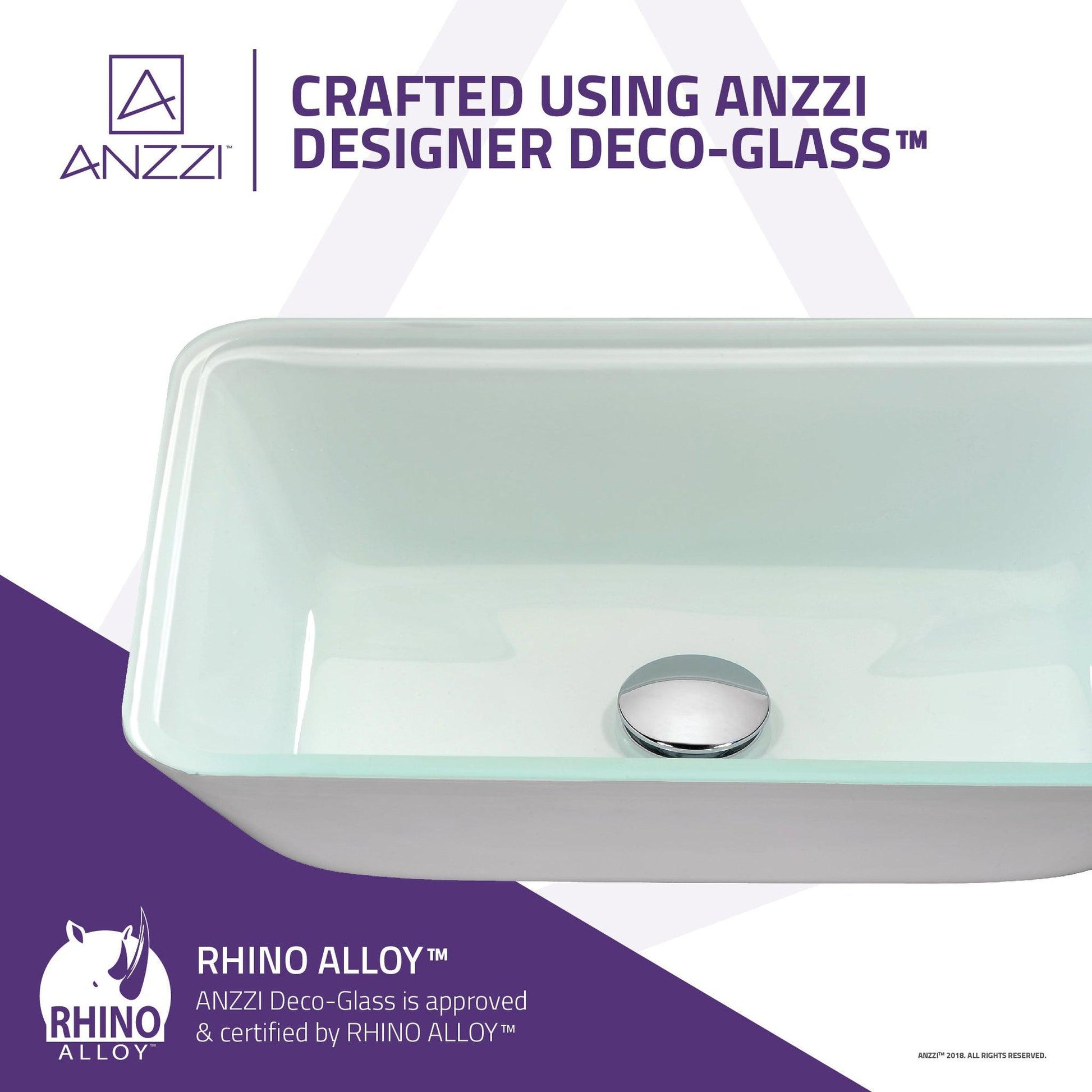 ANZZI Broad Series 19" x 14" Rectangular Glossy White Deco-Glass Vessel Sink With Polished Chrome Pop-Up Drain