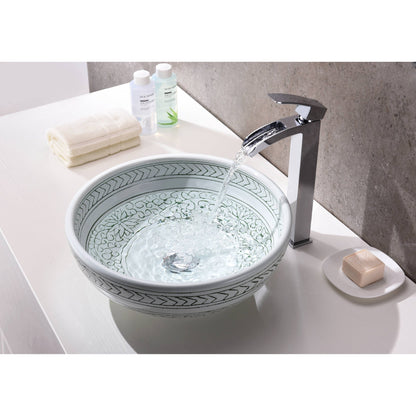 ANZZI Cadence Series 16" x 16" Round White and Black Floral Deco-Glass Vessel Sink With Polished Chrome Pop-Up Drain