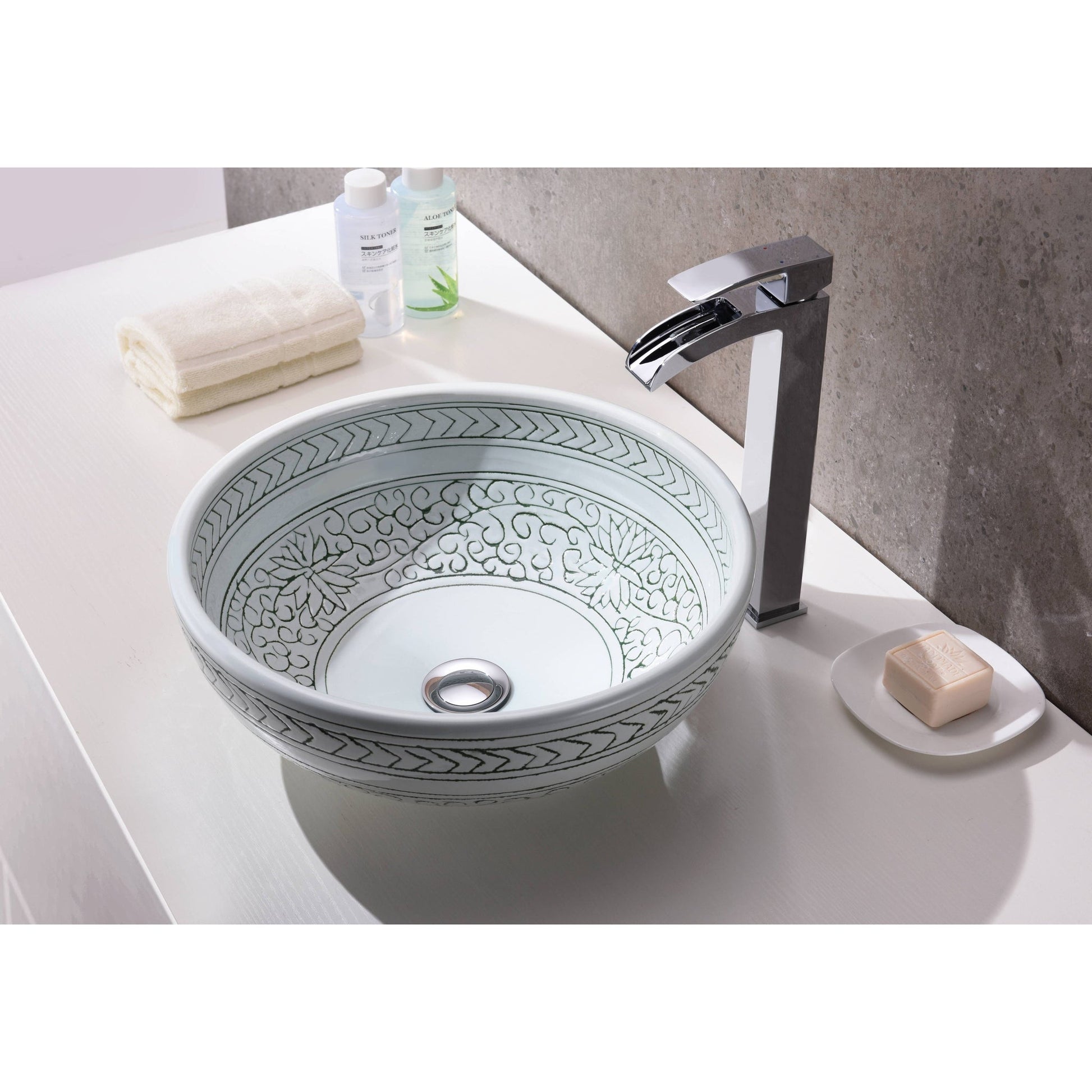 ANZZI Cadence Series 16" x 16" Round White and Black Floral Deco-Glass Vessel Sink With Polished Chrome Pop-Up Drain